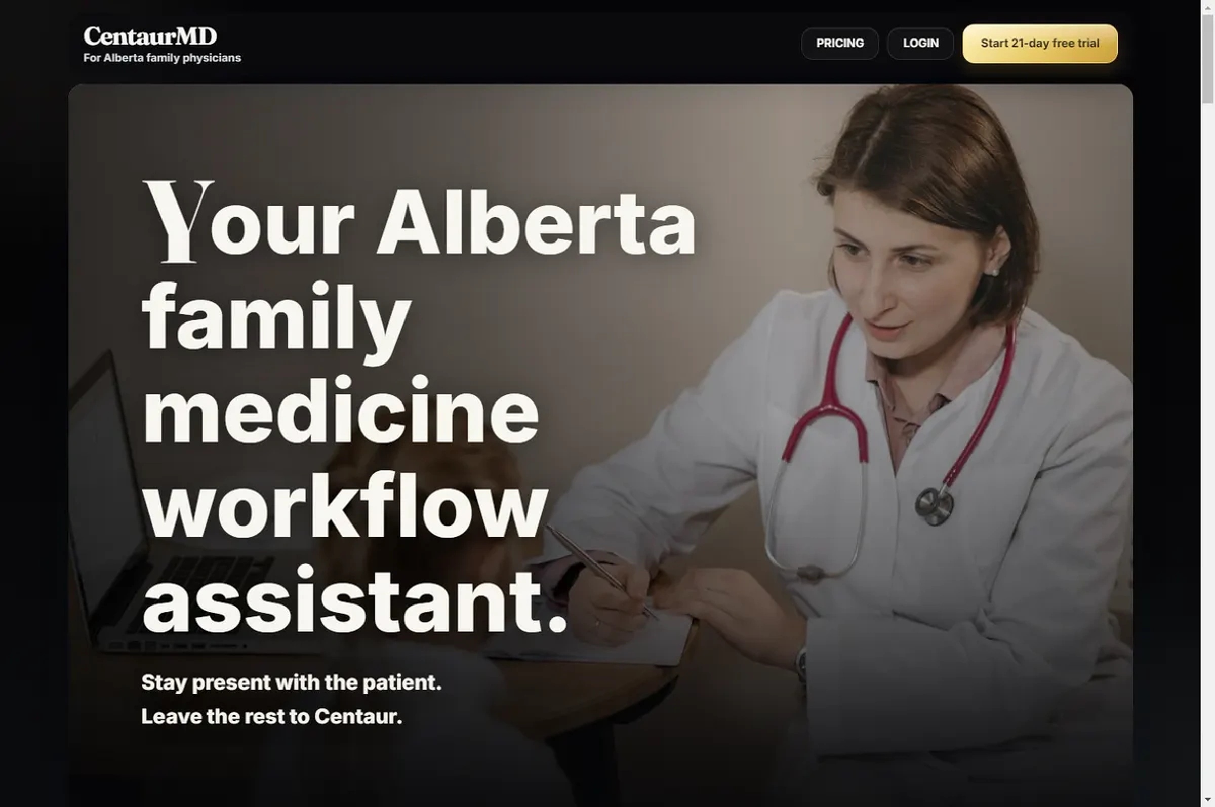 CentaurMD public feature tour showing the clinical documentation workspace